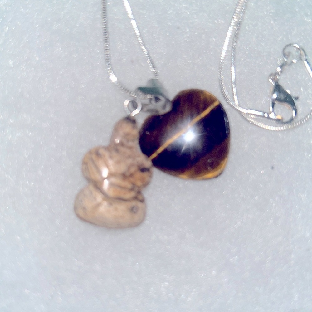 Tigers Eye Heart ❤️ and Sandstone turtle 🐢 sterling silver 16” necklace